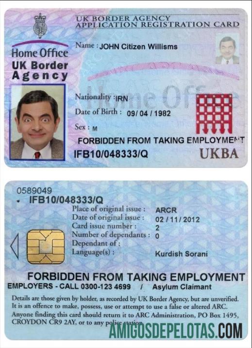 Cartão de registro de inscrição na Agência de Fronteiras do Reino Unido exemplo